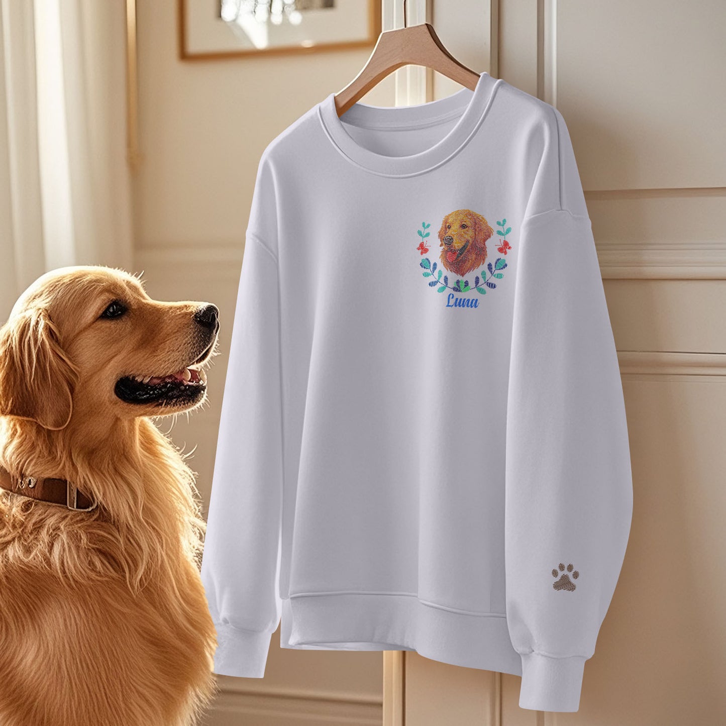 Custom Embroidered-Style Pet Sweatshirt – Personalised Pullover with Pet Name & Wreath