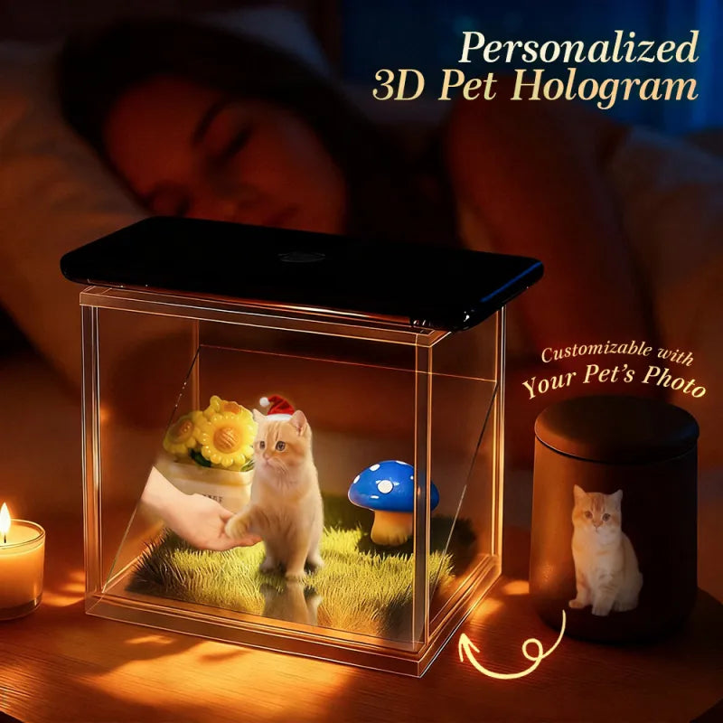 Personalized 3D pet hologram with a cat and decorative elements, customizable with a pet's photo.