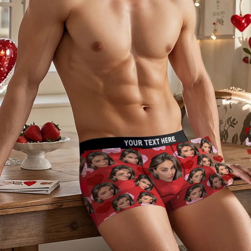 Person wearing red underwear with face patterns and 'Your Text Here' text, standing in a room.