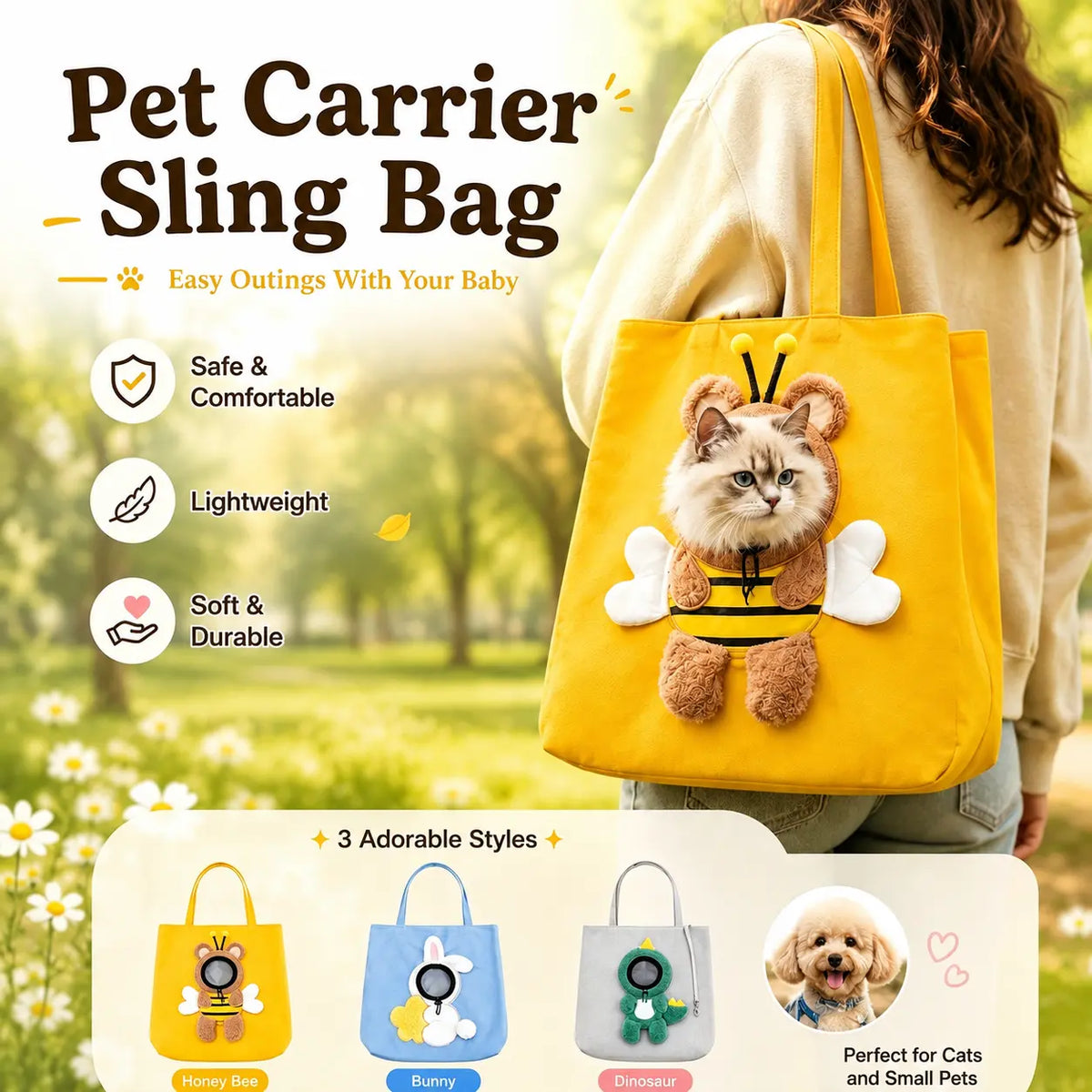 Personalised Pet Carrier Sling Bag with Custom Name | Breathable Canvas Shoulder Bag for Small Dogs & Cats
