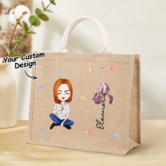 Personalised Cartoon Women Girl Birth Flower Grandma's Garden Jute Tote Bag with Name Wedding Birthday Gift for Her