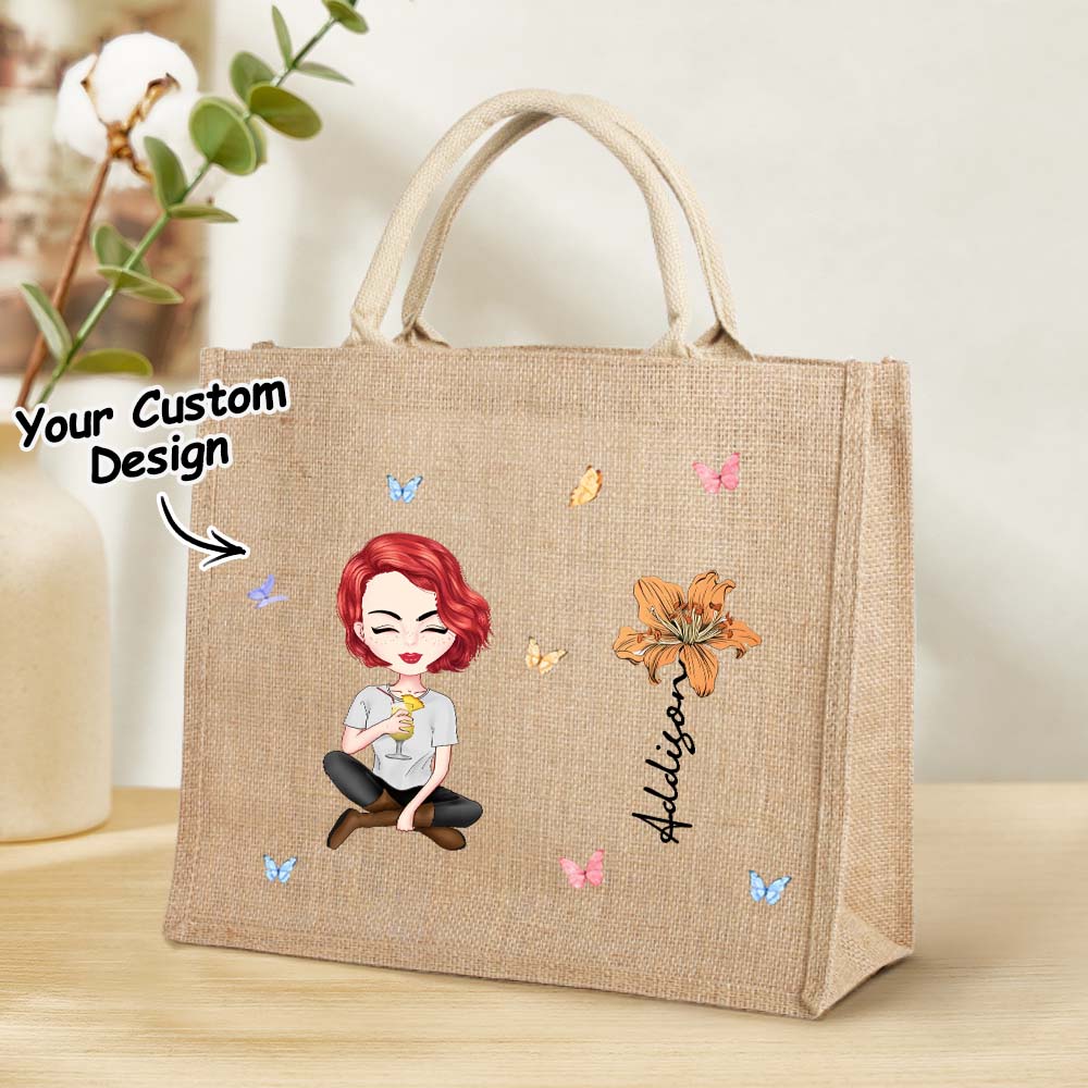 Personalised Cartoon Women Girl Birth Flower Grandma's Garden Jute Tote Bag with Name Wedding Birthday Gift for Her