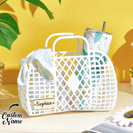 White woven basket with a glass and straw on a yellow background