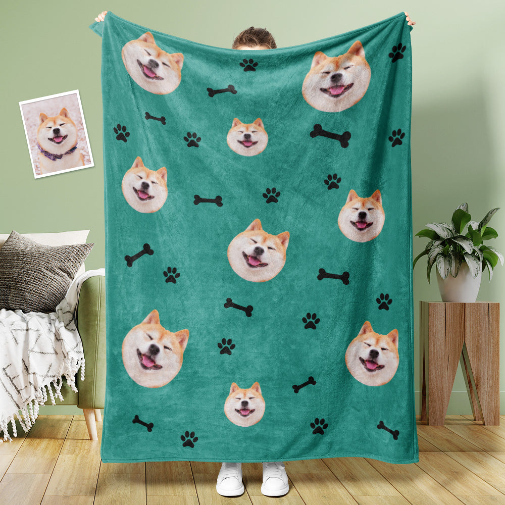 Custom Dog Face Blanket Dog Paws and Bones Spines Personalised Pet Photo Blanket