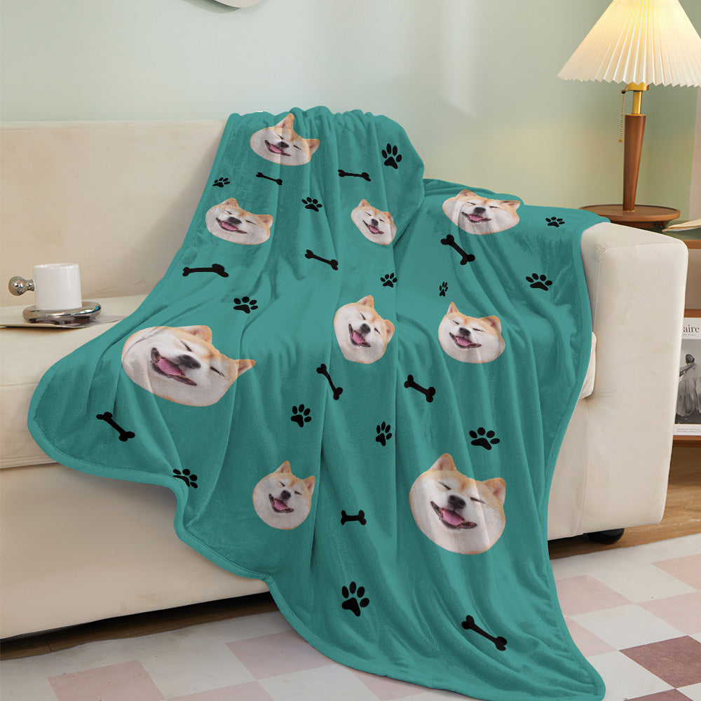 Custom Dog Face Blanket Dog Paws and Bones Spines Personalised Pet Photo Blanket