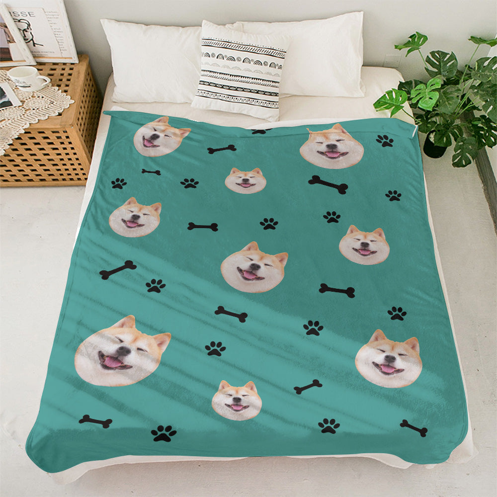 Custom Dog Face Blanket Dog Paws and Bones Spines Personalised Pet Photo Blanket