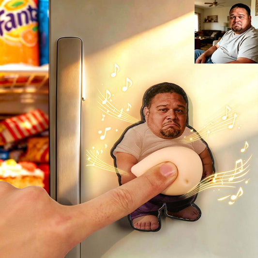Person pressing a button on a light switch with a cartoon character and musical notes, with a man in a corner.