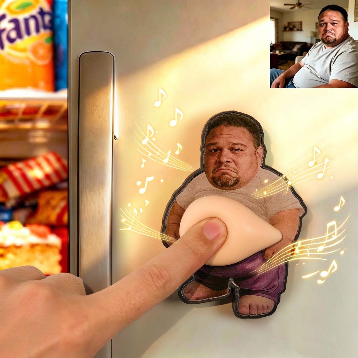 Person pressing a button on a refrigerator with a cutout of a person's face and musical notes.