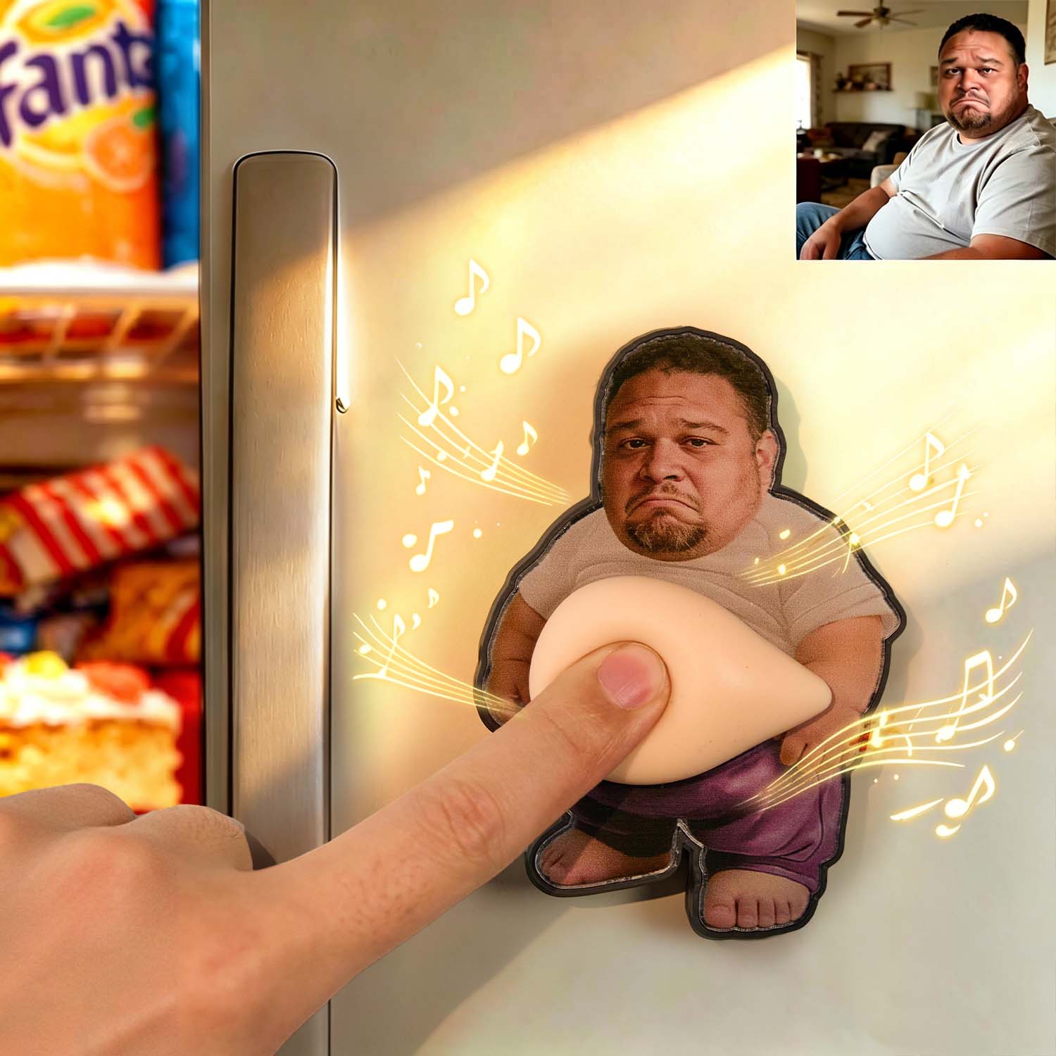 Person pressing a button on a refrigerator with a cutout of a person's face and musical notes.