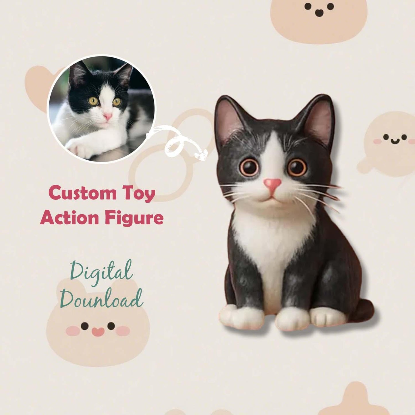 Custom toy action figure of a black and white cat with digital download text on a light background.
