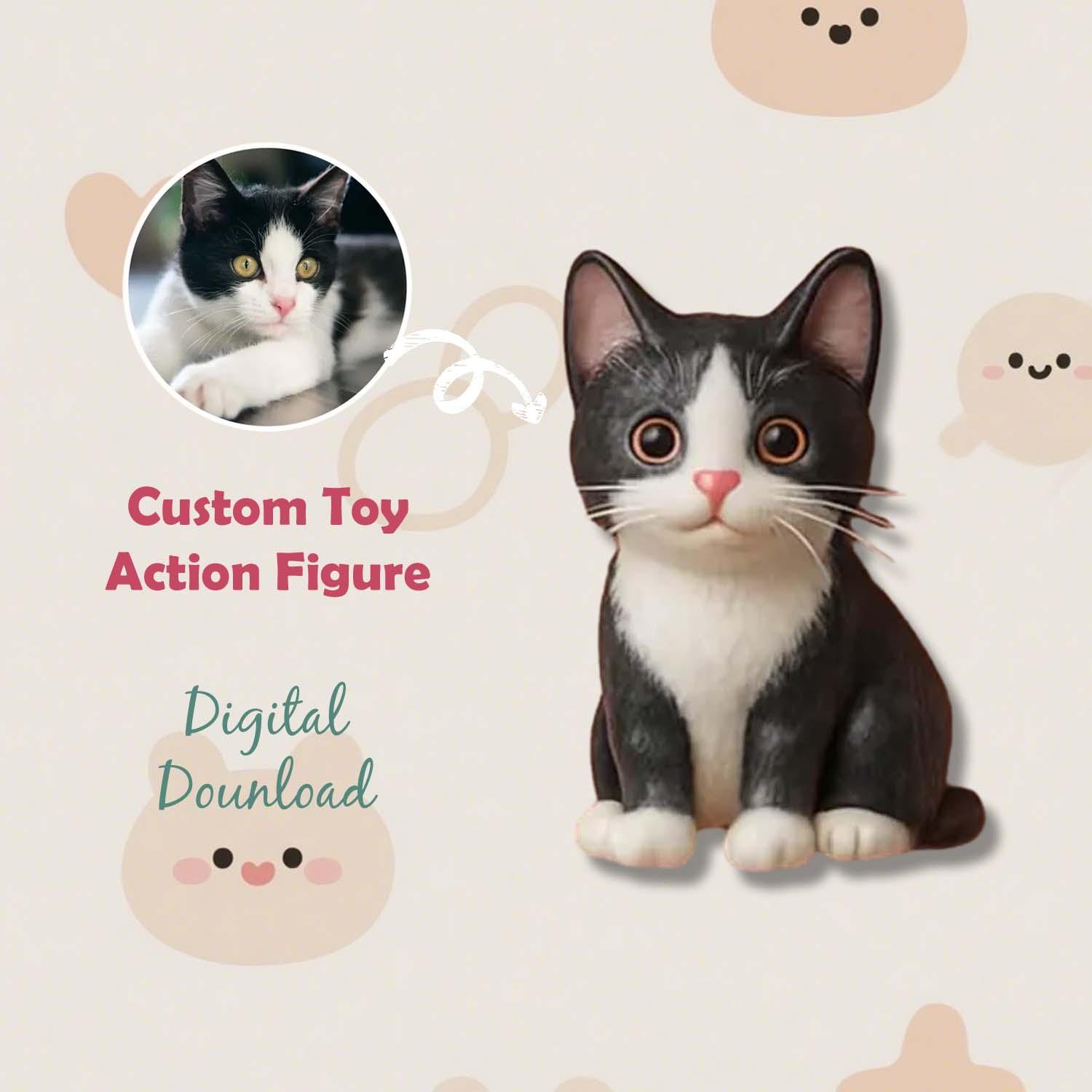 Custom toy action figure of a black and white cat with digital download text on a light background.