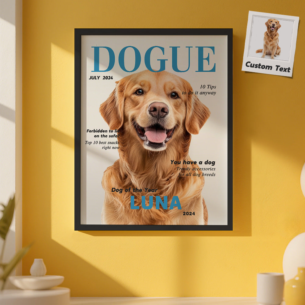 Framed poster of a dog with personalized text on a yellow wall