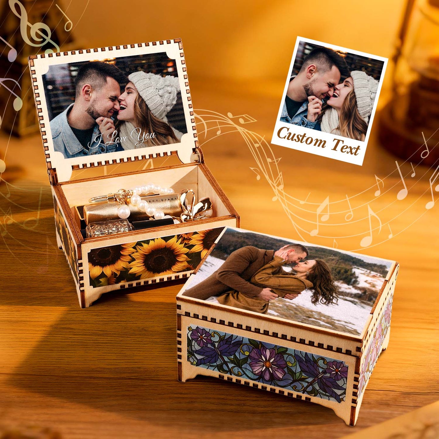 Wooden music box with photos and 'Custom Text' on a wooden surface