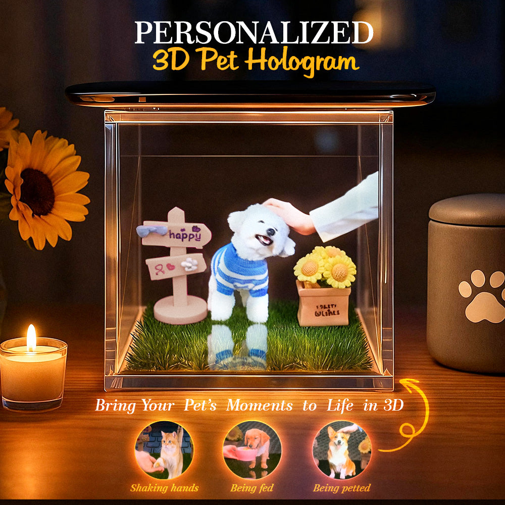Personalized 3D pet hologram with a dog in a blue sweater, surrounded by decorative elements on a wooden surface.