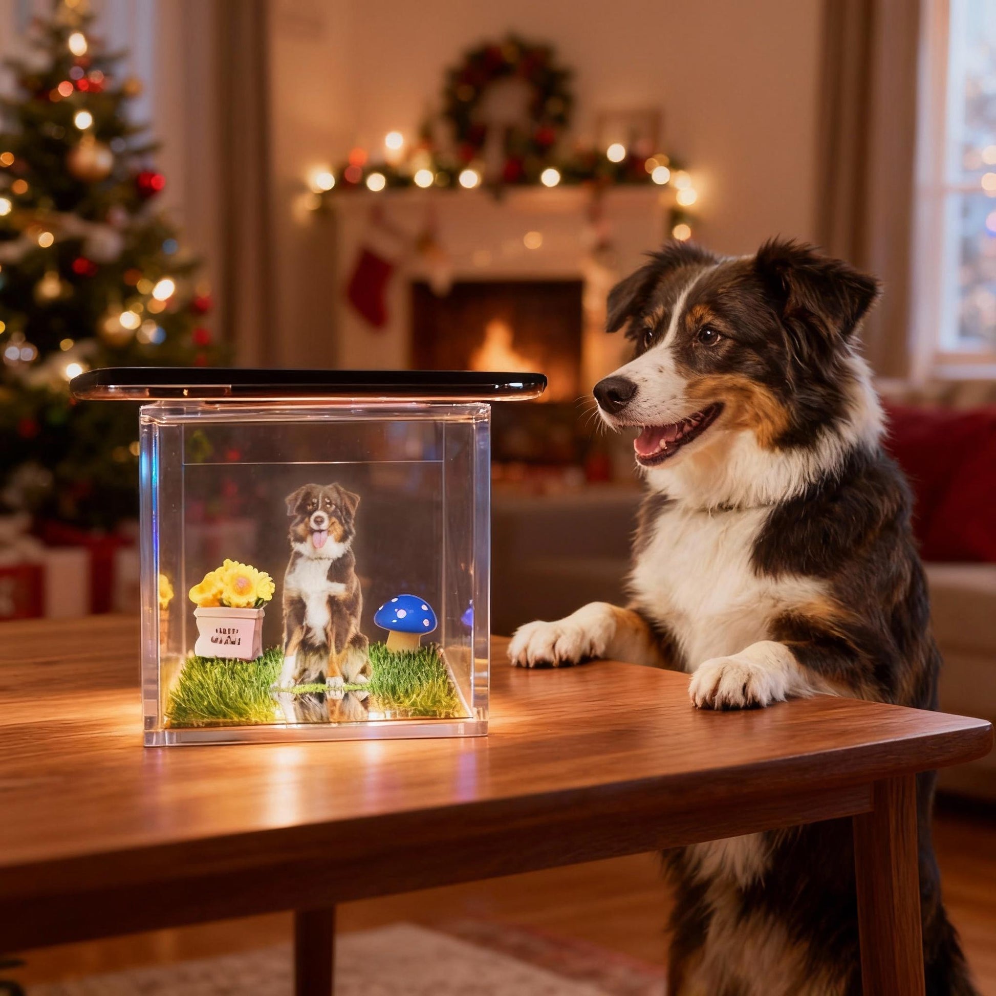 Dog sitting next to a transparent box with a small dog inside, decorated like a garden, in a festive living room.
