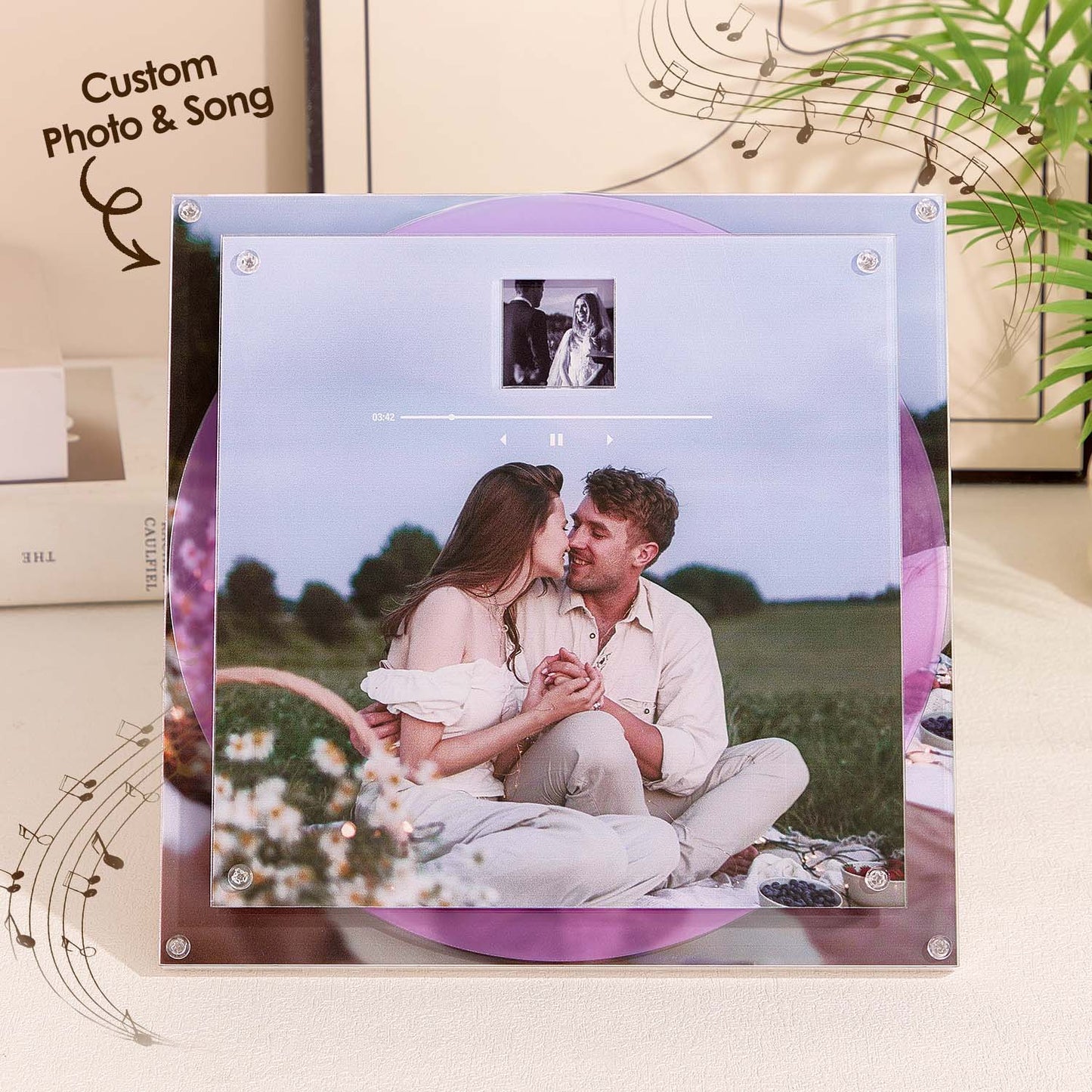 Personalized photo and song plaque with a couple in a field and music notes around.