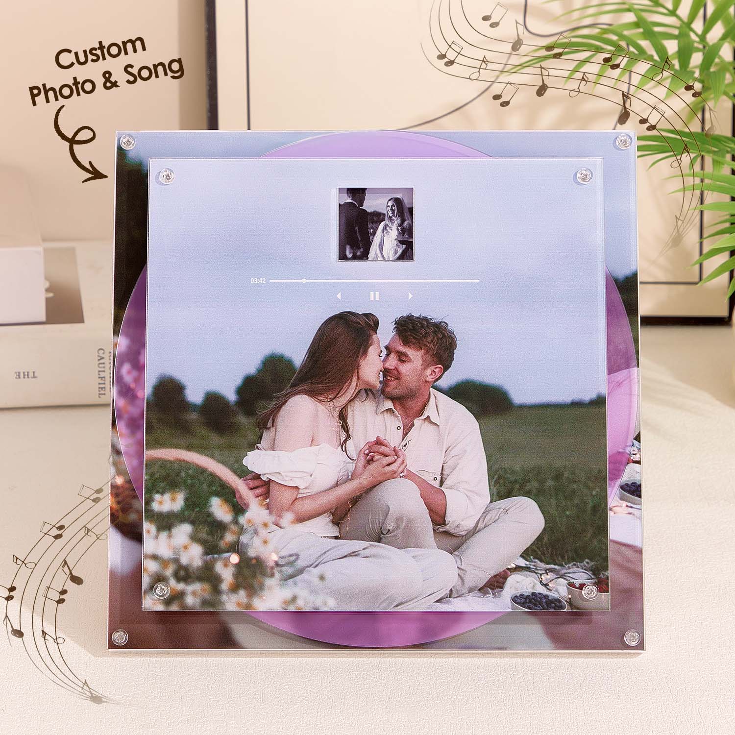 Personalized photo and song plaque with a couple in a field and music notes around.