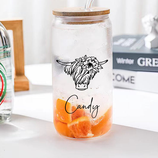 Personalised Highland Cow Tumbler with Name Clear Can Glass Gift for Highland Cow Lovers