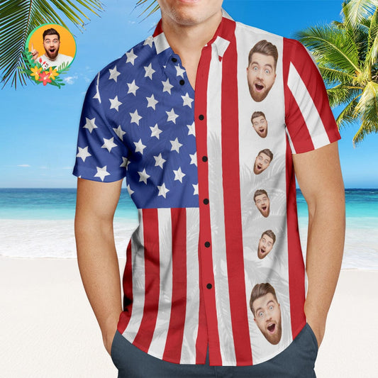Custom Men's Patriotic Hawaiian Shirt With Pet Face USA Flag Personalised Fashion Hawaiian Shirt