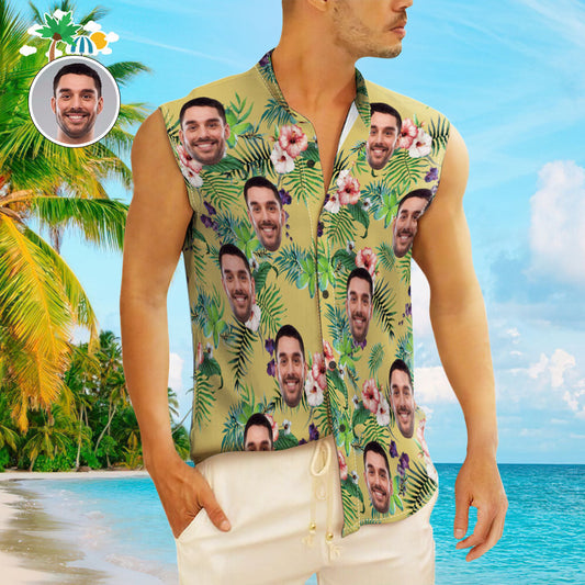 Custom Face Men's Sleeveless Hawaiian Shirts Personalised Yellow Sleeveless Shirts For Men