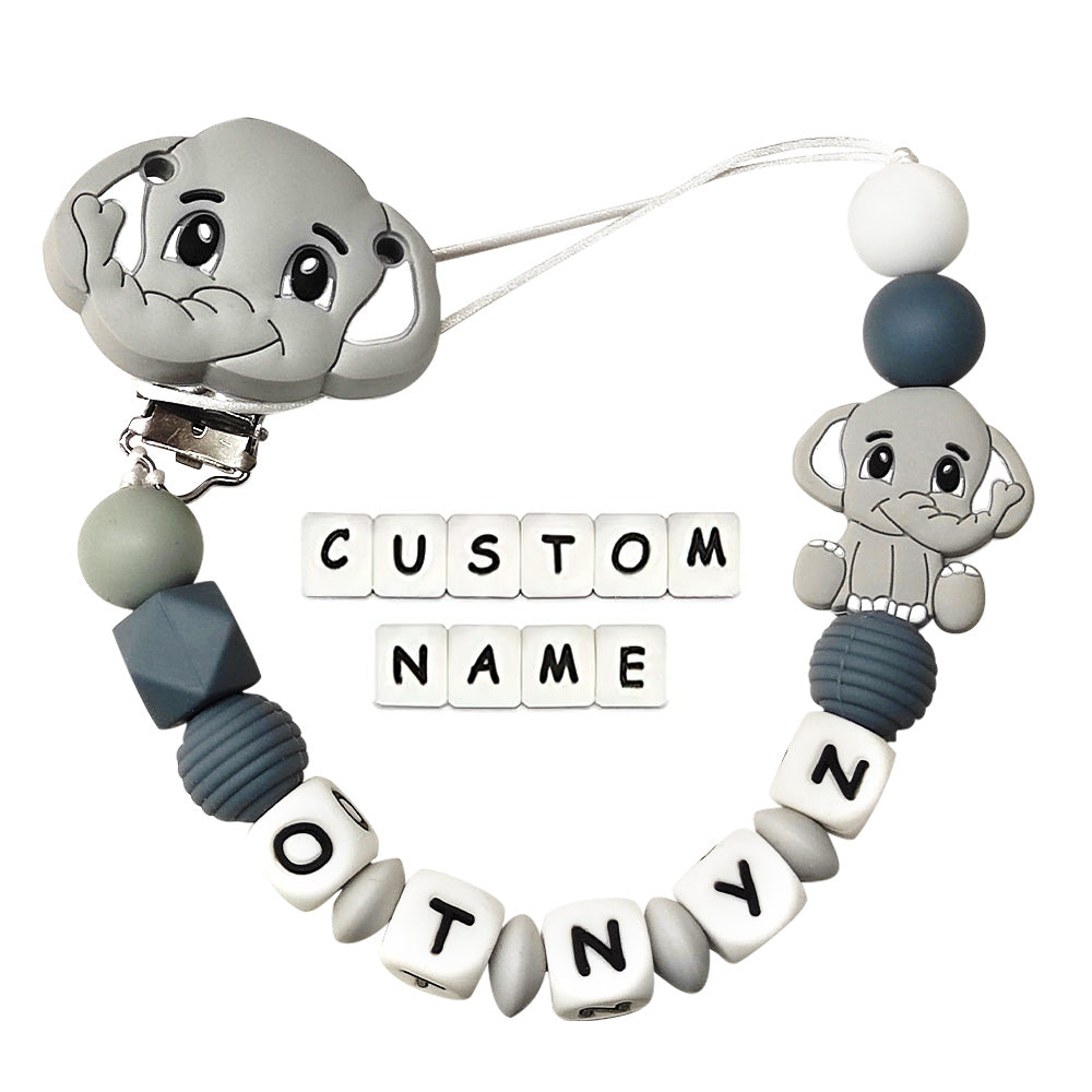 Teething necklace with elephant design and customizable name on a white background