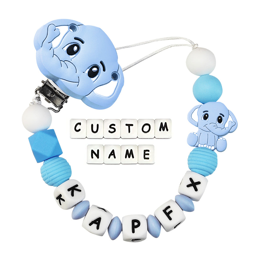 Baby teether with customizable name on a white background