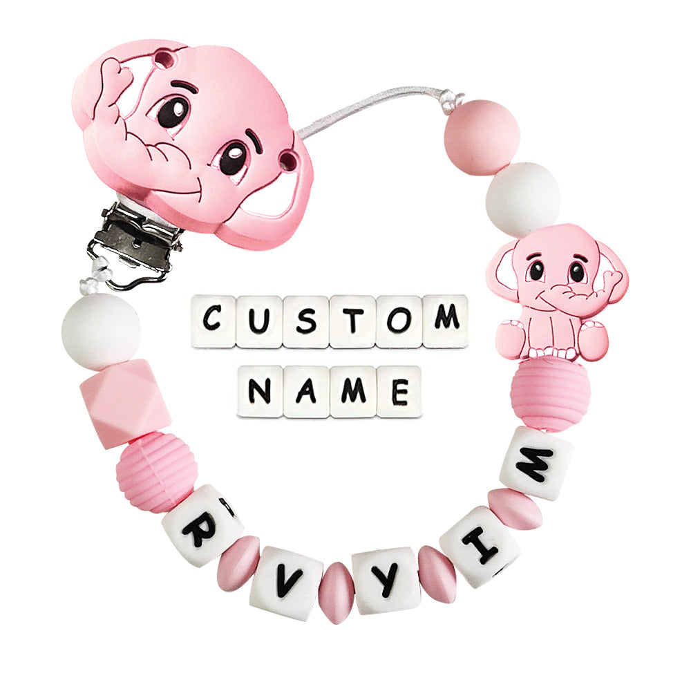 Pink baby teether with customizable name on a white background