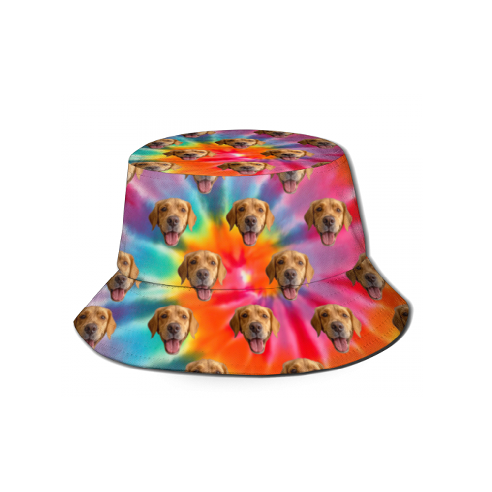 Bucket hat with tie-dye pattern and dog face print on a white background