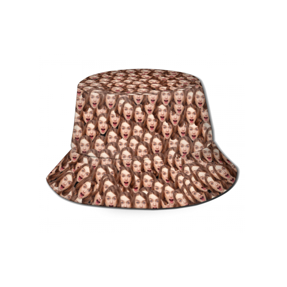 Bucket hat with a pattern of faces on a white background