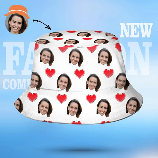 Custom Face Bucket Hat Personalised Heart Print Summer Unisex Fisherman Hat