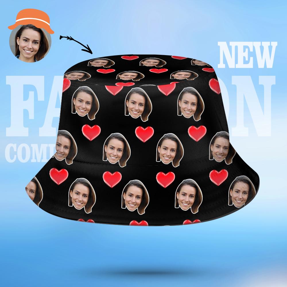 Custom Face Bucket Hat Personalised Heart Print Summer Unisex Fisherman Hat