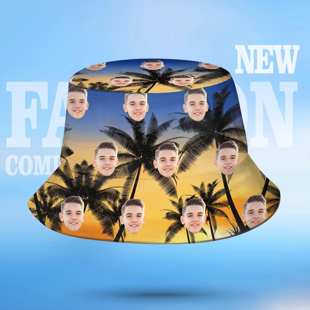 Bucket hat with palm tree design and faces on a blue background