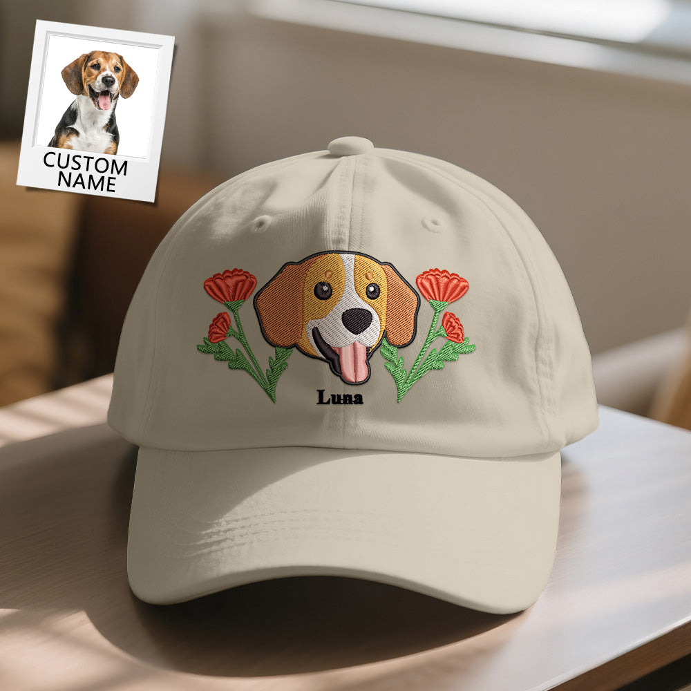 Beige cap with embroidered dog face and flowers design, featuring a small inset of a dog with 'CUSTOM NAME' text.