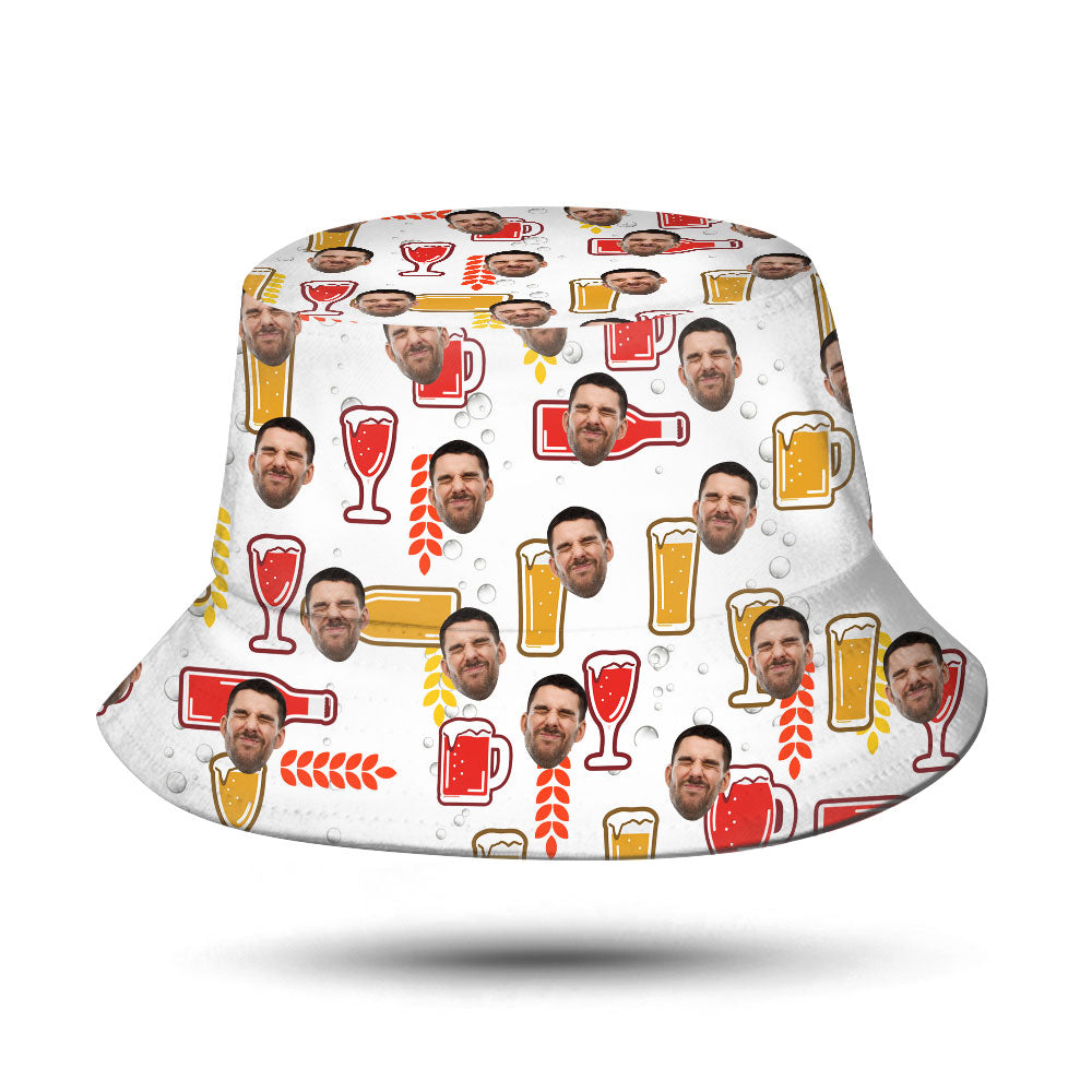 Bucket hat with beer-themed pattern and faces on a white background