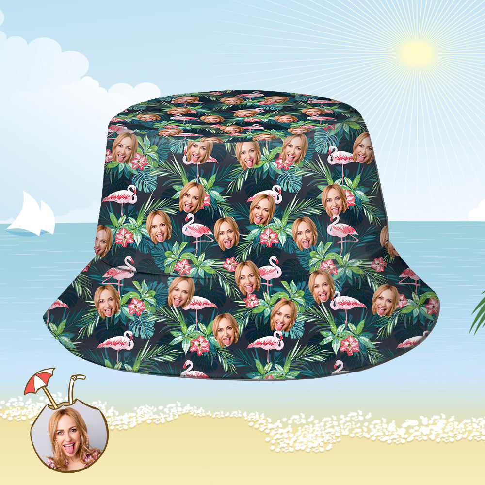 Bucket hat with tropical design and face collage on a beach background