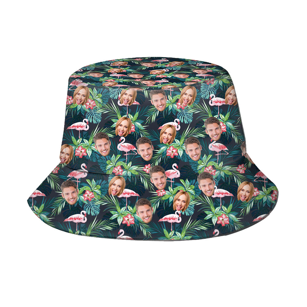 Bucket hat with tropical pattern and faces of people on a white background