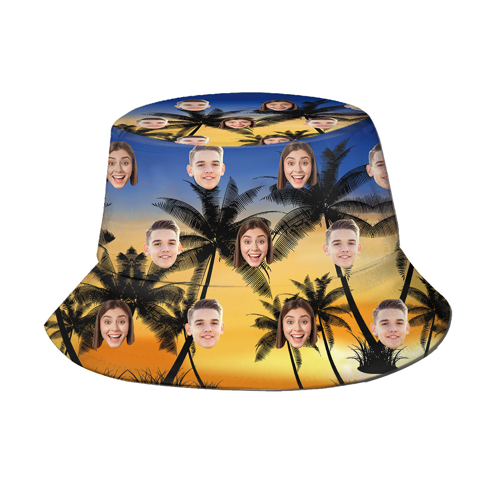 Bucket hat with palm tree design and faces on a white background