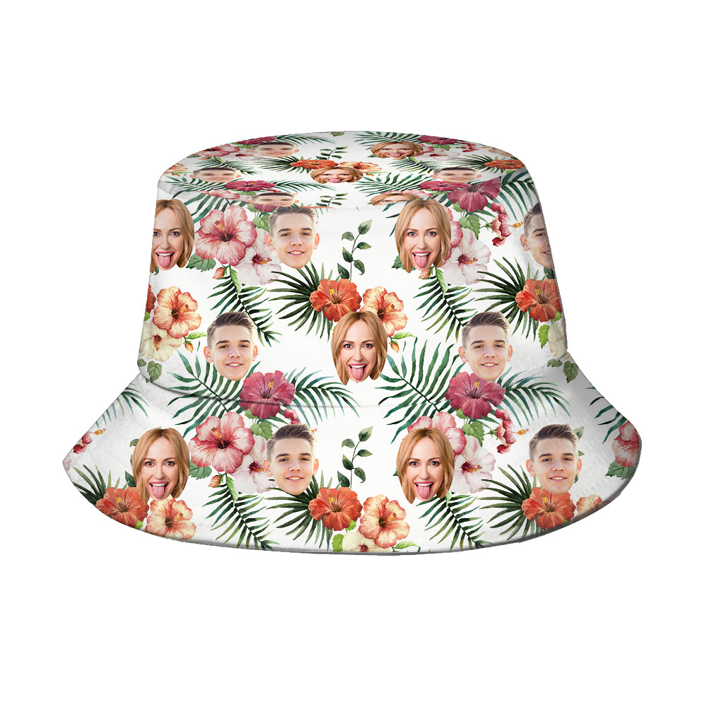 Bucket hat with floral and portrait pattern on a white background