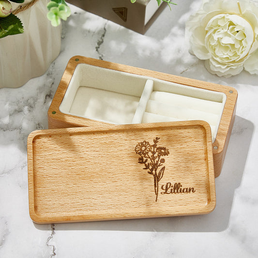 Personalised Birth Flower Jewellery Box Custom Name Jewellery Organiser Gift for Her
