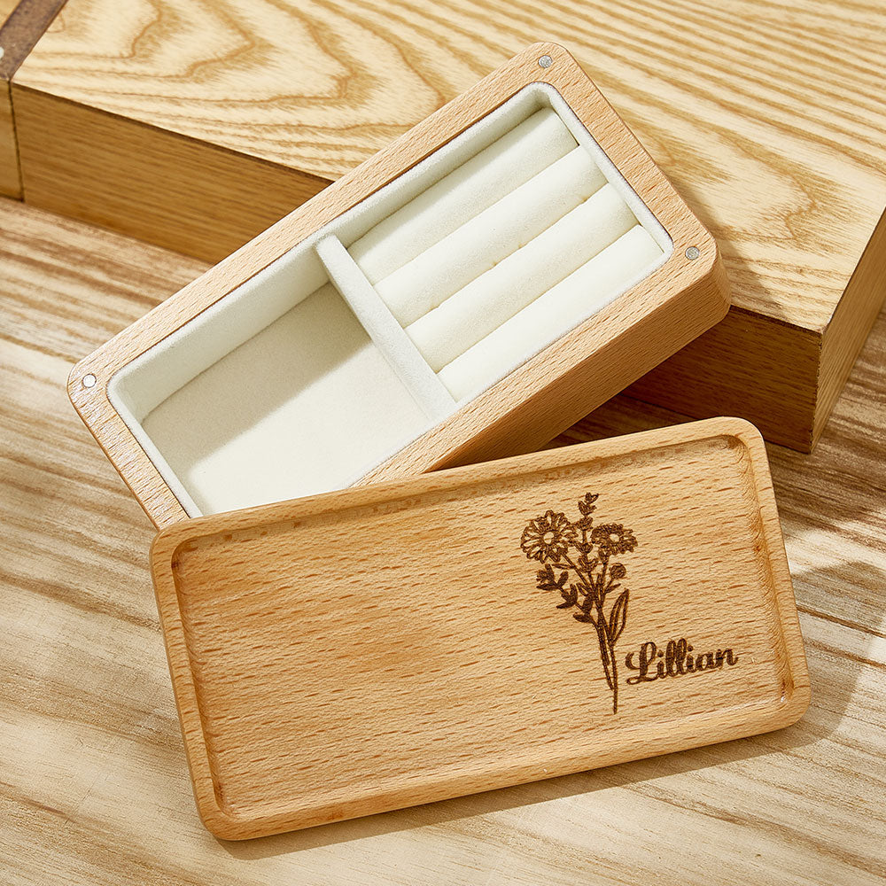 Personalised Birth Flower Jewellery Box Custom Name Jewellery Organiser Gift for Her