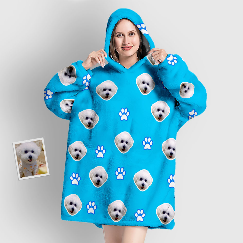 Customised Face Blanket Pajama Personalised Blanket Hoodie Gift for Women Pet Paw