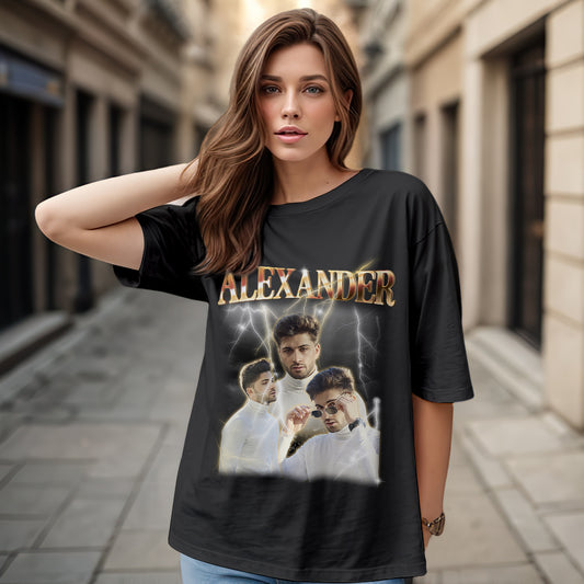 Custom Photo Vintage Tee Personalised Name T-shirt Couple Gifts Black
