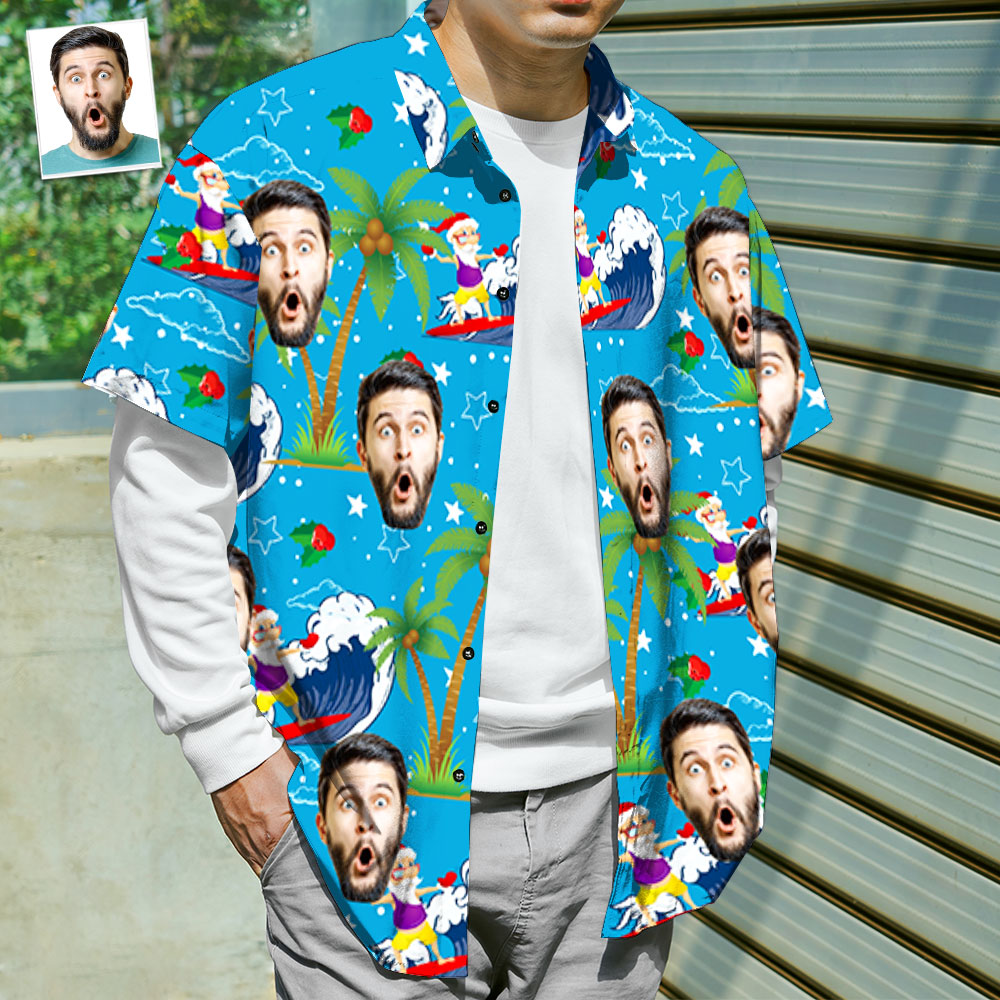Custom Face Shirt Personalised Photo Men's Hawaiian Shirt Christmas Gift - Surfing Santa