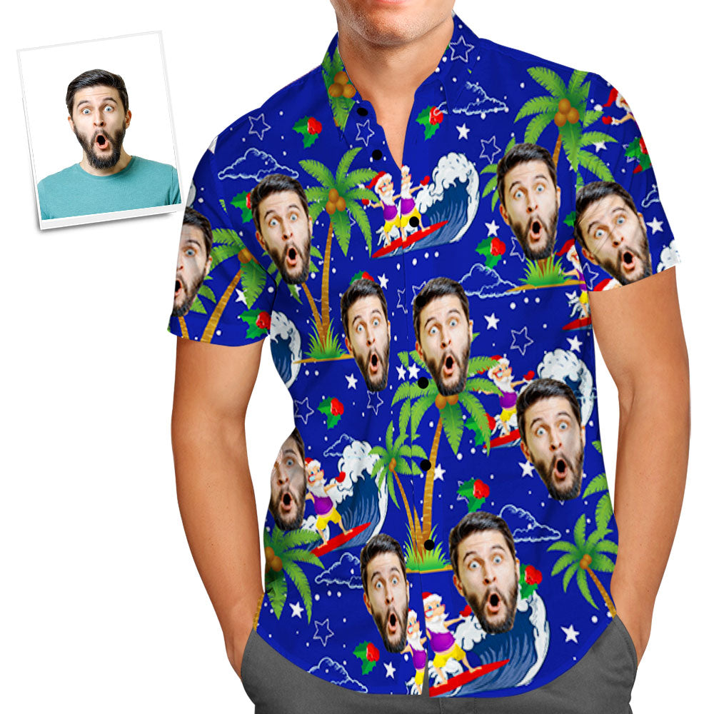 273464031Custom Face Shirt Personalised Photo Men's Hawaiian Shirt Christmas Gift - Surfing Santa354814469