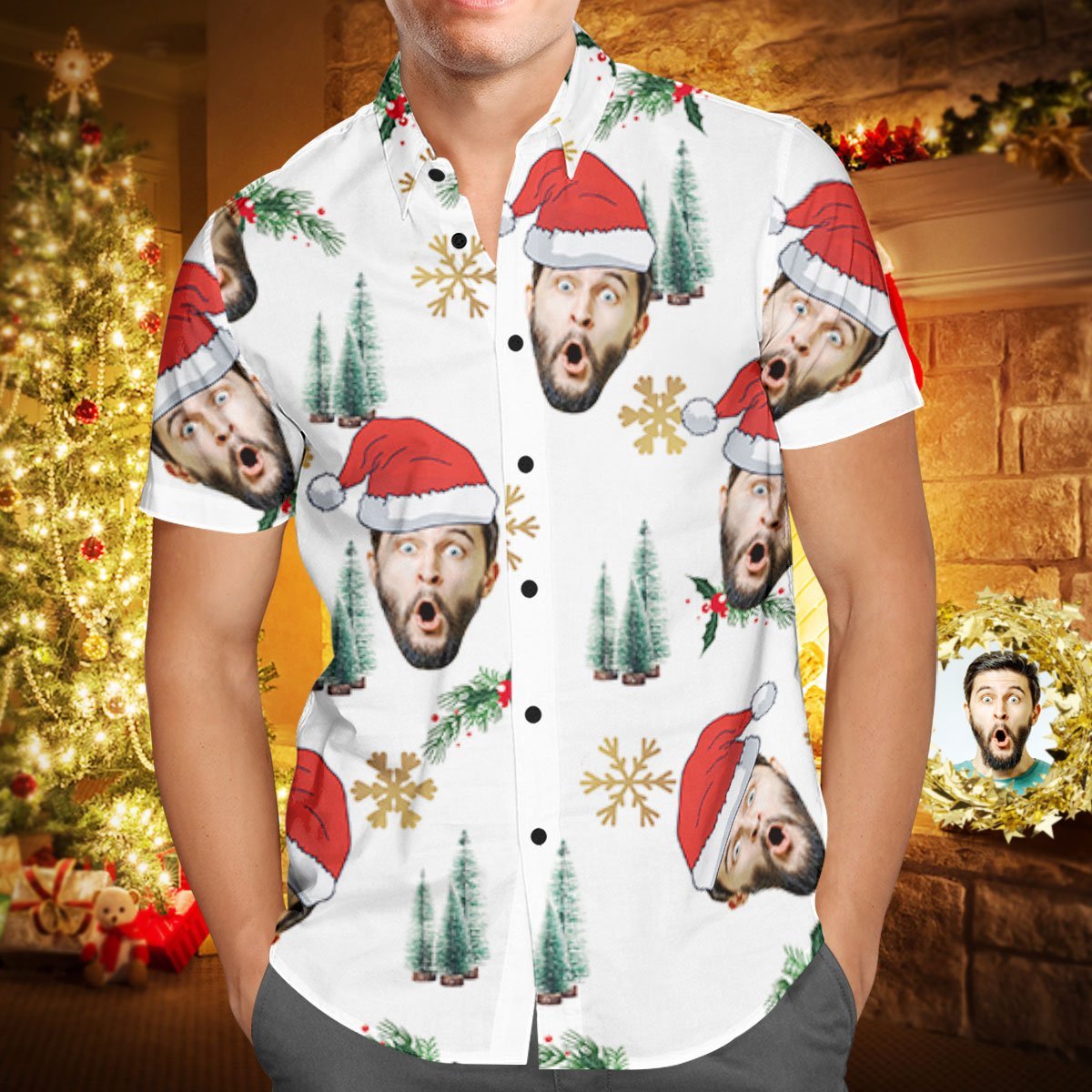 Hawaiian Shirt Your Face With Santa Hat