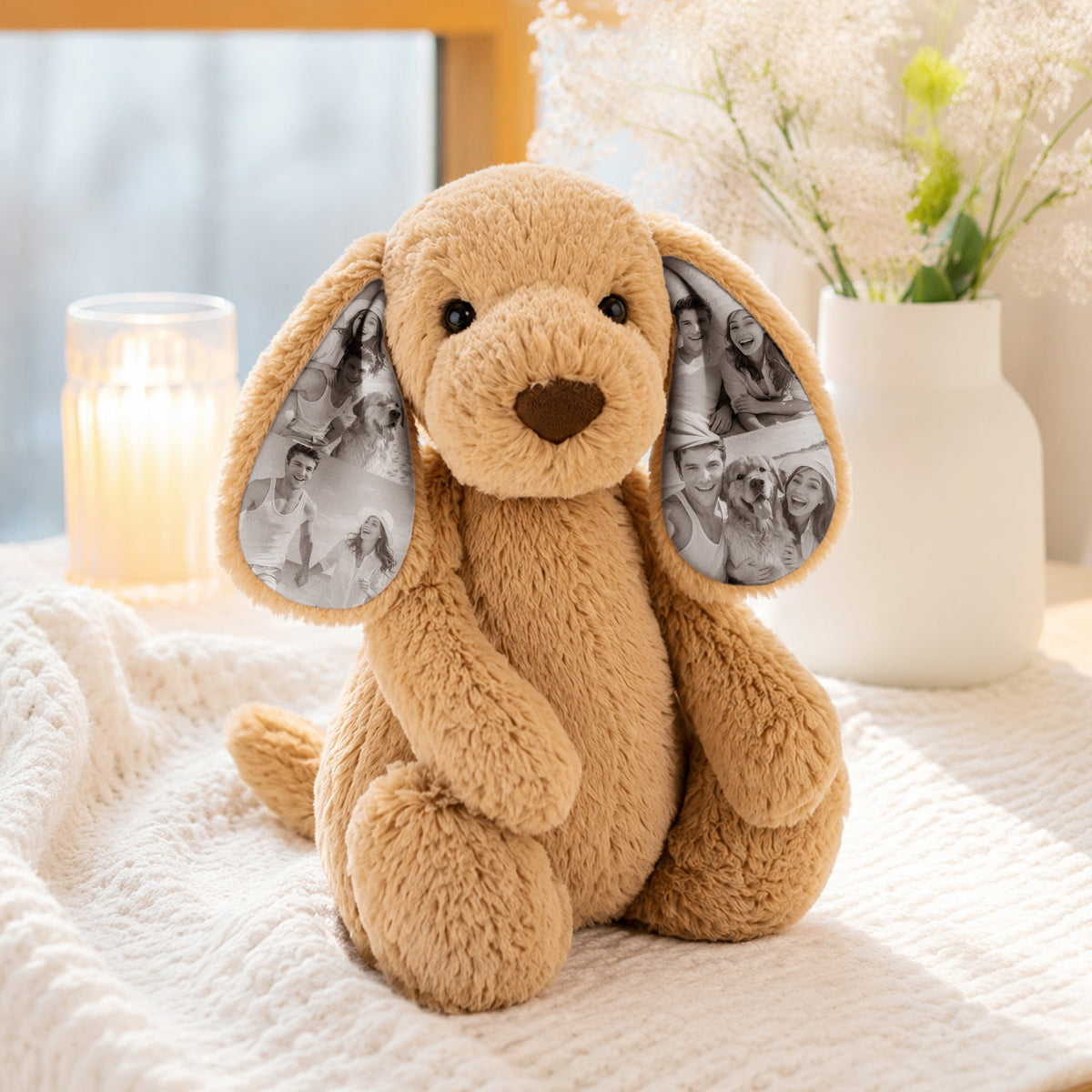Personalised Photo Plush Dog with Memory Ears, Custom Puppy Stuffed Animal Keepsake Gift for Kids & Loved Ones