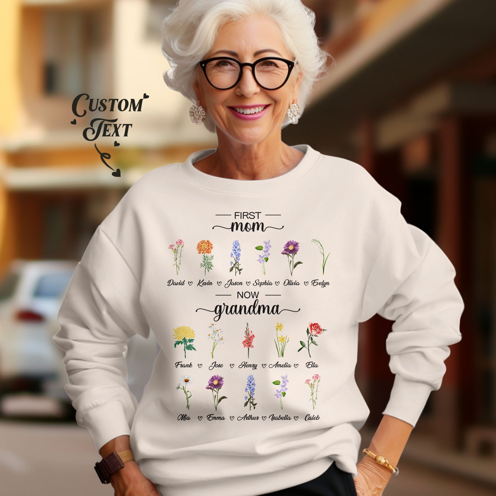 Personalised First Mom Now Grandma Sweatshirt Custom Birth Flowers Sweatshirts for Mother's Day Gift