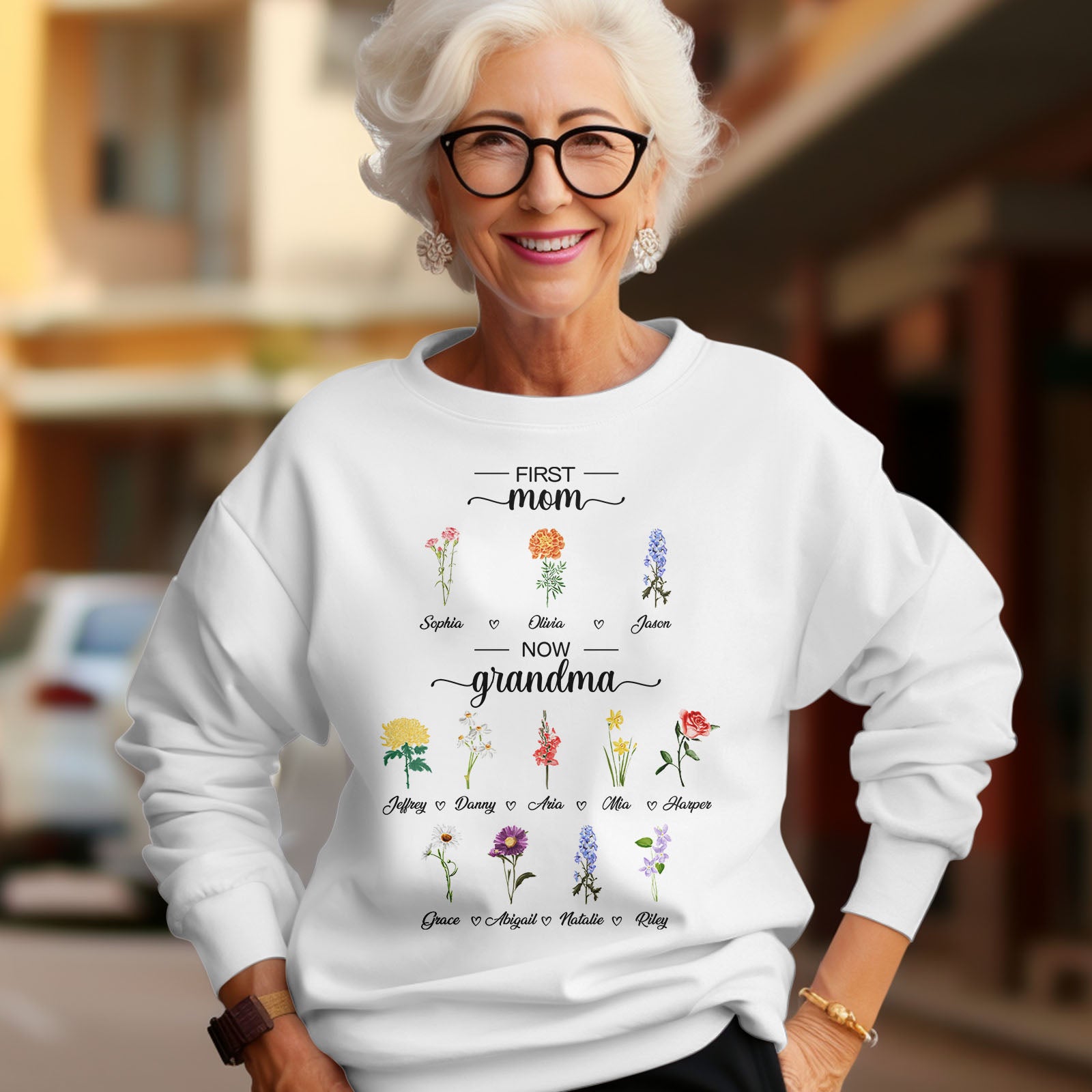 Personalised First Mom Now Grandma Sweatshirt Custom Birth Flowers Sweatshirts for Mother's Day Gift