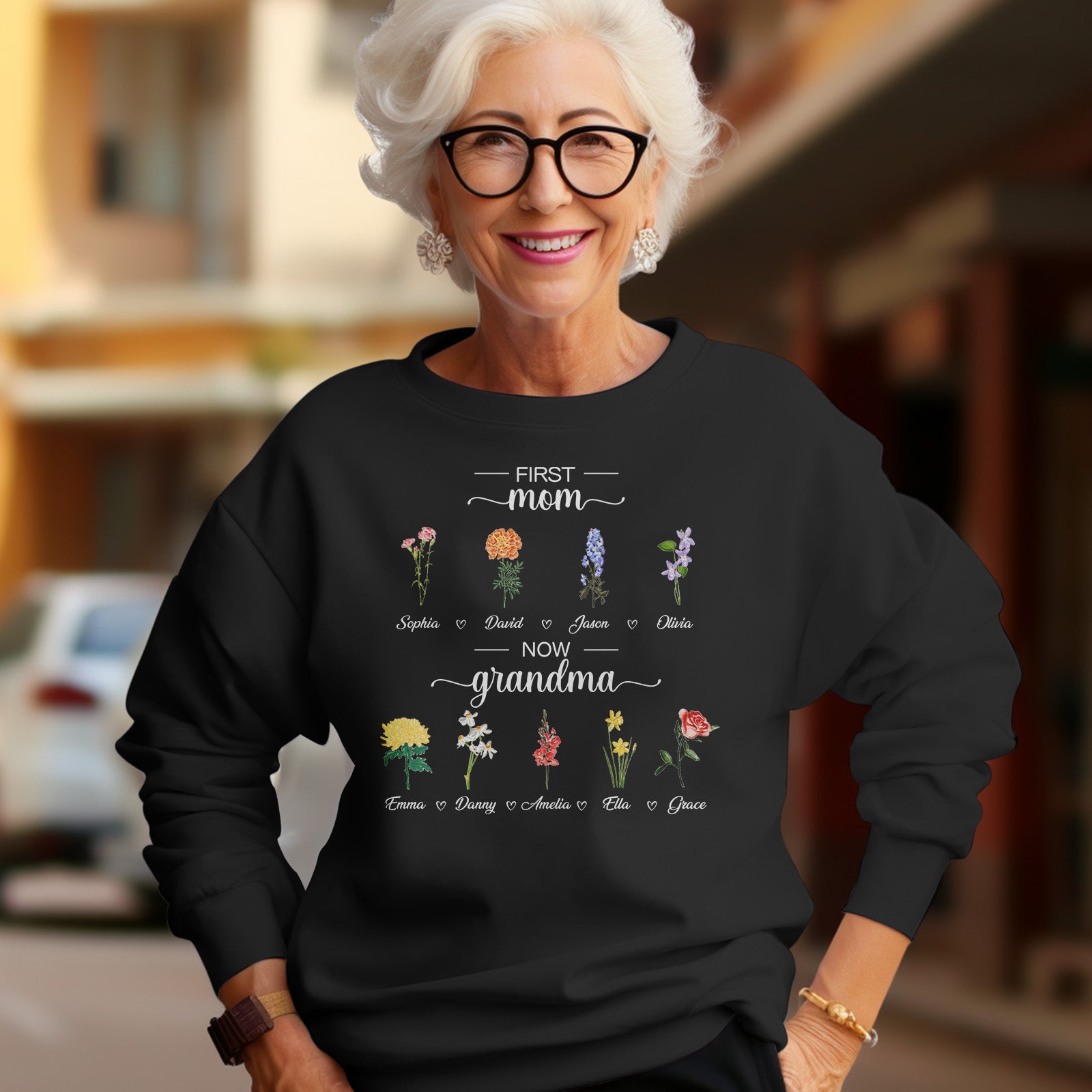 Personalised First Mom Now Grandma Sweatshirt Custom Birth Flowers Sweatshirts for Mother's Day Gift