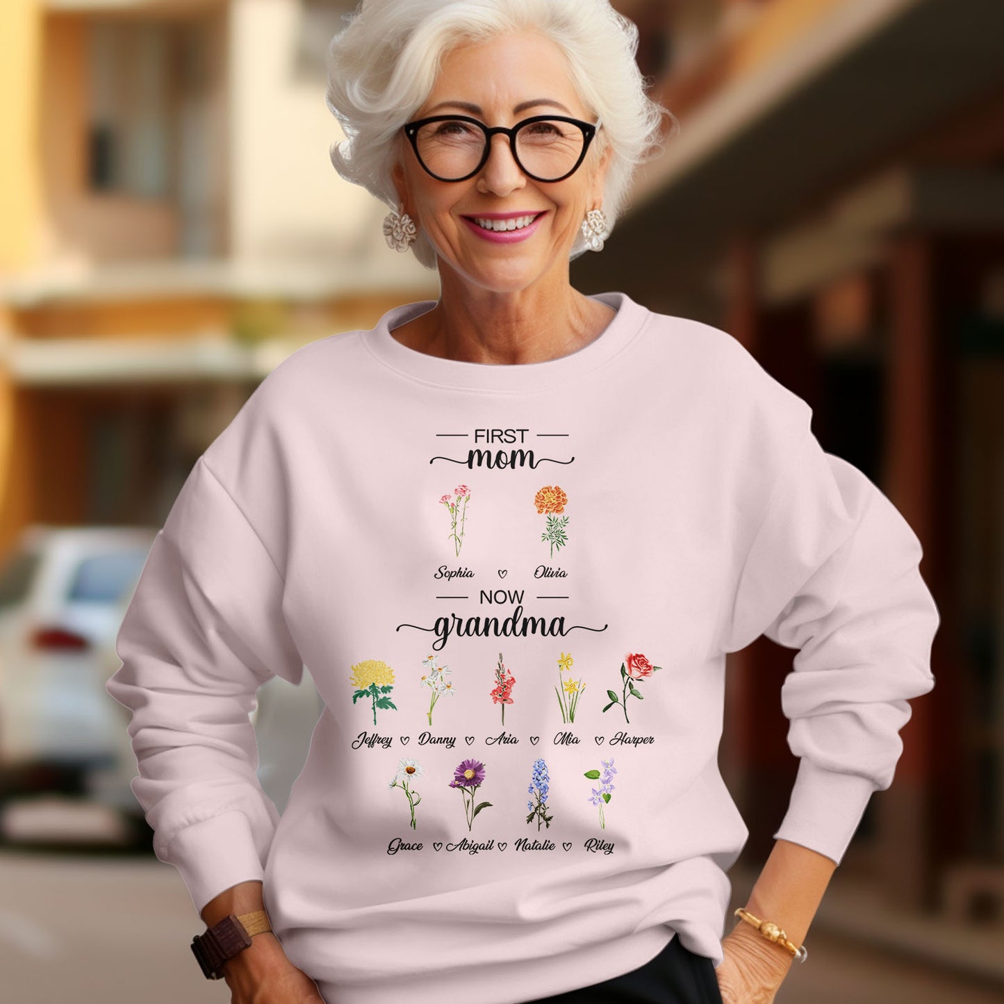Personalised First Mom Now Grandma Sweatshirt Custom Birth Flowers Sweatshirts for Mother's Day Gift